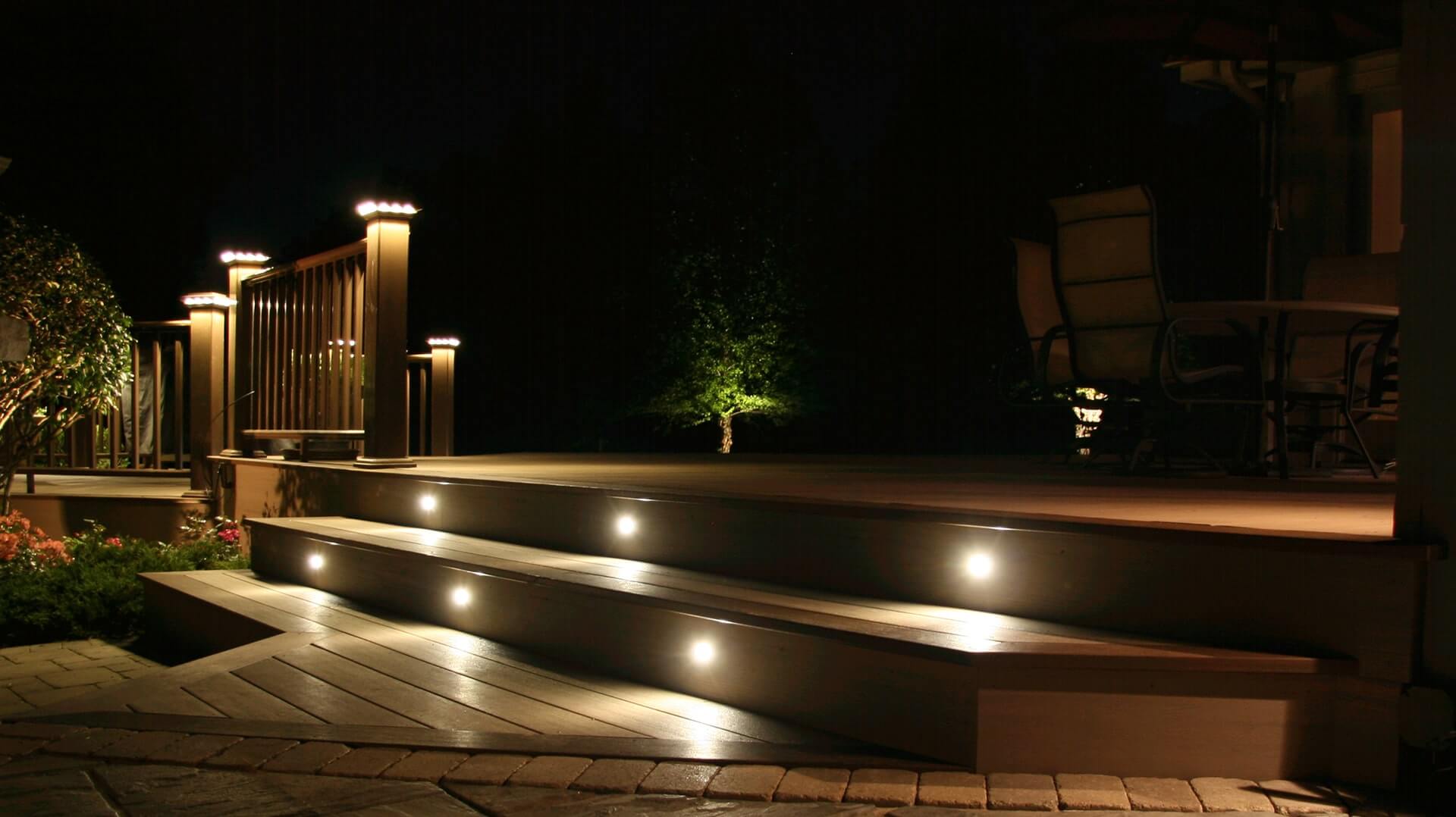 lighting on a newly built deck at nighttime